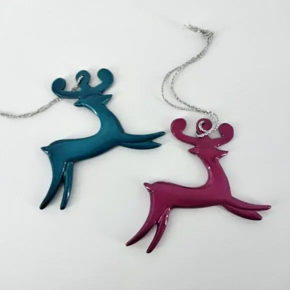 Reindeer Jade Magenta Christmas Tree Ornament Set2 Deers - Picture 2 of 9